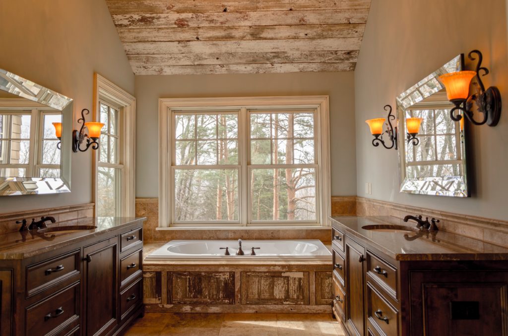 bathroom with wood accents